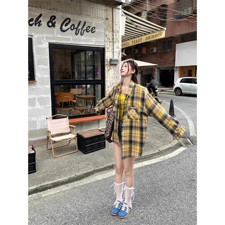 美式复古黄色格子衬衫女2025新款宽松慵懒风长袖衬衣外套上衣,男装衬衫,星座506A