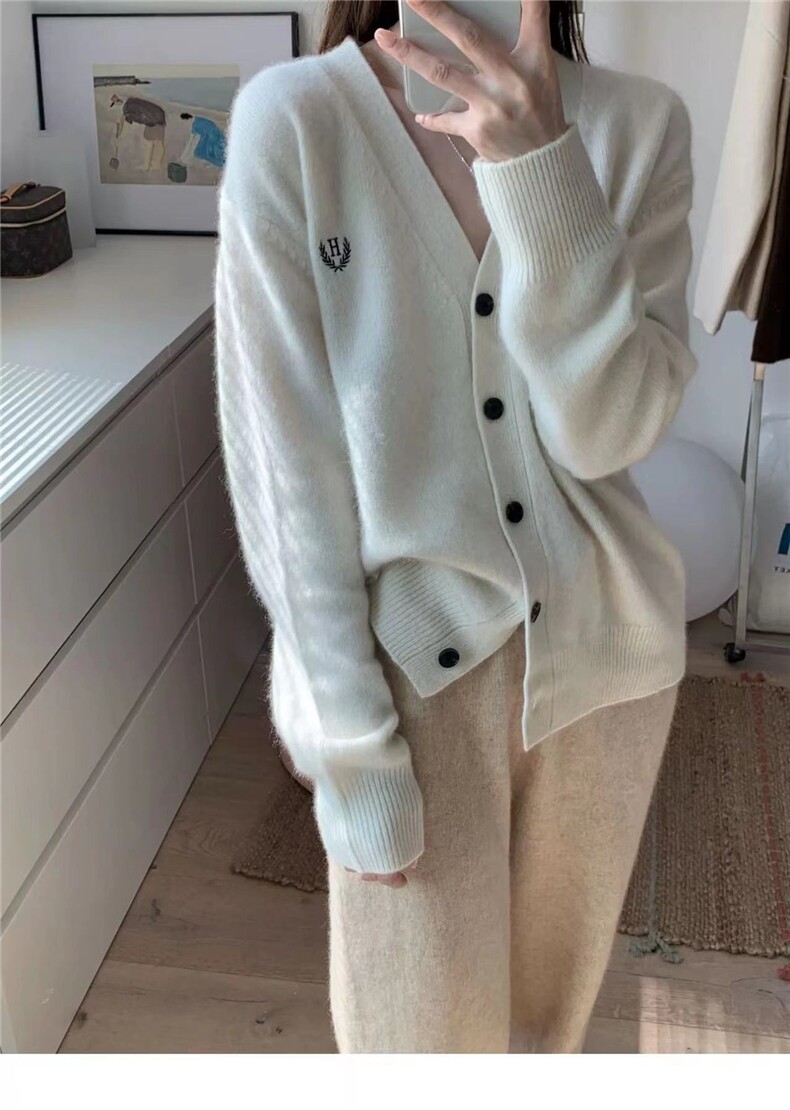 春秋新款V领针织开衫女宽松韩版薄刺绣纯色针织外套慵懒百搭毛衣,针织衫/毛衣,美莎羊绒