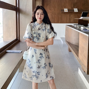 新中式立领旗袍印花连衣裙女欧洲站2025夏季新款泡泡袖显瘦A字裙图片