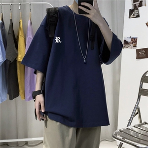 T004夏宽松五分半袖短袖中性风印花T恤衫外套个性男女TEE学生班服图片