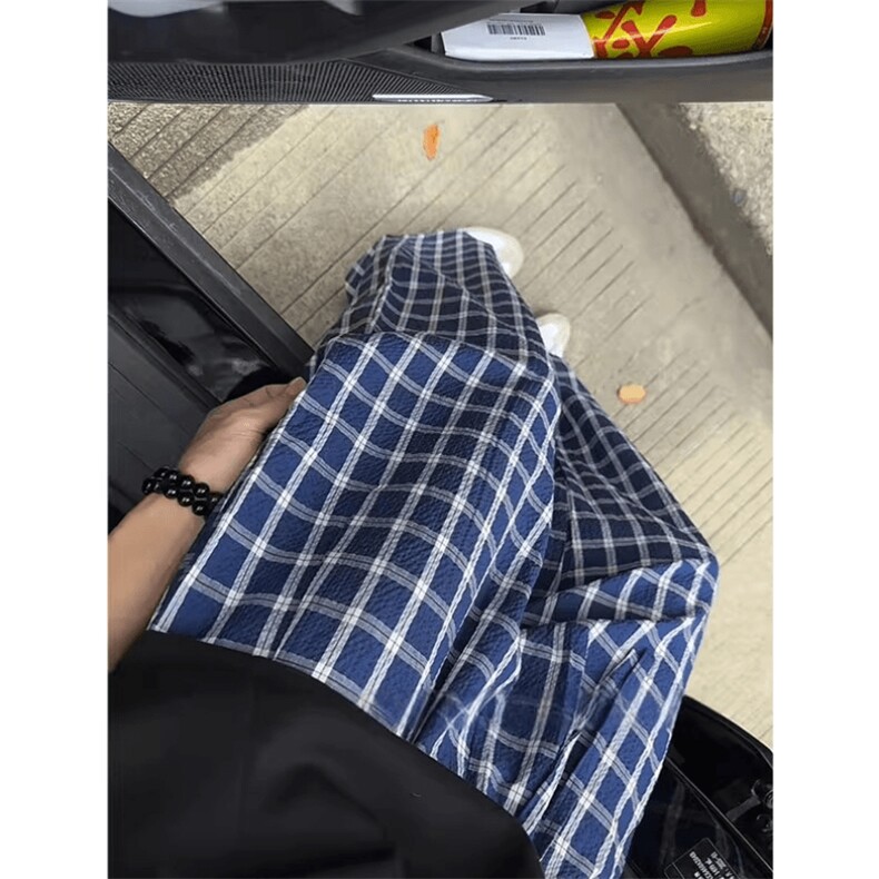 美式高街潮牌男女泡泡格子休闲裤直筒宽松慵懒显瘦阔腿休闲长裤子,男装休闲裤,电商A486