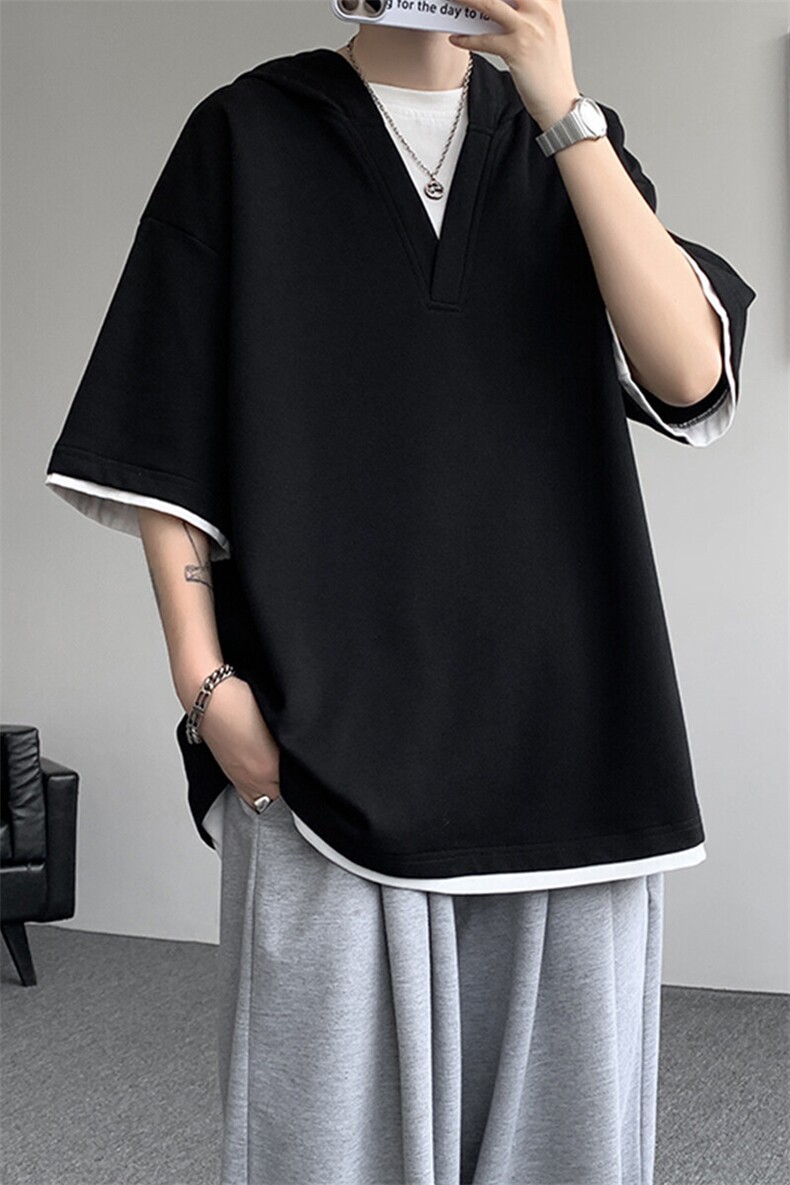 8XL-M假两件短袖卫衣连帽t恤男夏季薄款宽松大码学生半袖DT007P48,男装T恤,电商B312