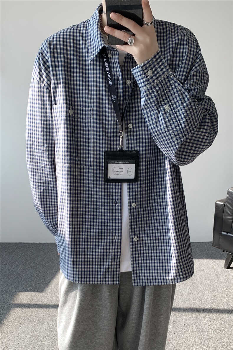 8XL-Mmiu系穿搭复古蓝格子衬衫男宽松纯棉长袖衬衣男CS540-P45,男装衬衫,电商D206-1