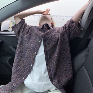 B221 美式ins高街宽松薄款泡泡格短袖衬衫SY2548-特P35控59图片