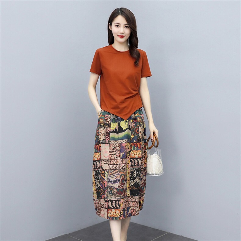 2021新款女夏装圆领针织上衣花色长裙套装套裙,女装套装/套裙,施恩睿棋