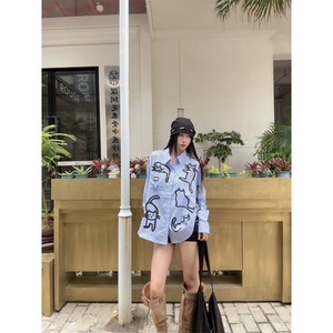 2025美式高街复古薄荷绿格子设计长袖衬衫男女宽松休闲百搭衬衣潮图片