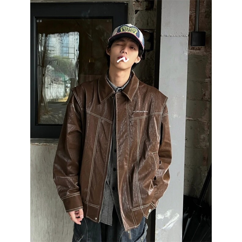 现货不缺货假两件皮衣复古夹克外套1209-1-JK17-P108（网图），男装皮衣，星座1209-1