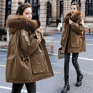 棉衣/棉服2021新款冬仿羊羔毛中长款工装带帽派克服女外套图片