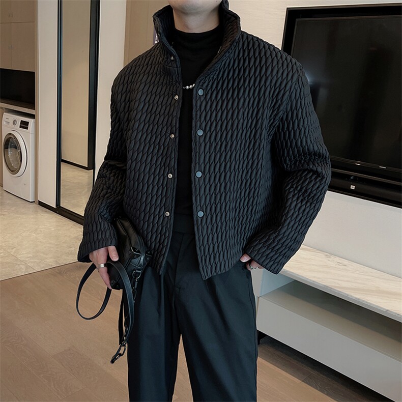 冬季网红高级感褶皱薄款棉衣男韩版立领菱形棉服潮M008-P125控155图片