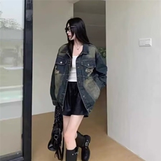G8839-P65美式复古做旧破洞牛仔外套女春秋新款大码宽松中长款，男装工装外套，电商B323A