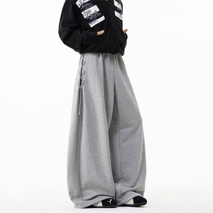 美式绑带设计运动卫裤男女冬重磅hiphop微喇长裤复古宽松阔腿裤子,拼接黑色牛仔裤搭配图片