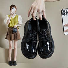 2023秋季新款亮面小皮鞋女ins潮厚底增高系带复古学院英伦风，女鞋小皮鞋，电商A223