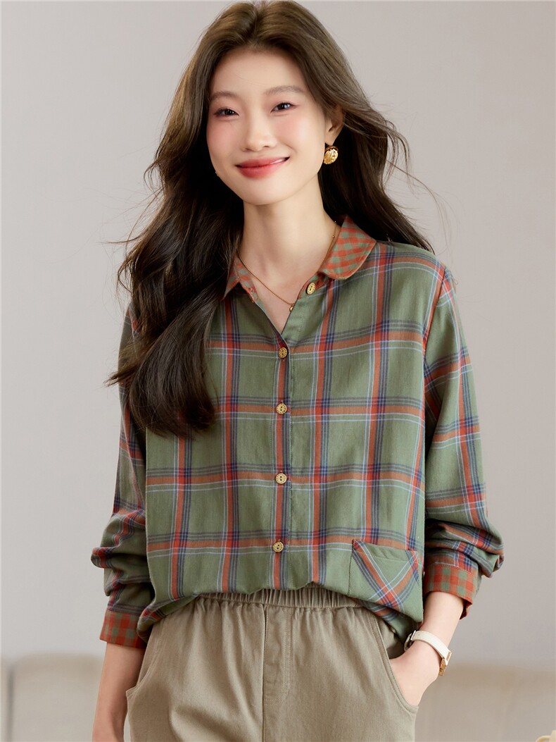 衬衫女长袖2026春秋新款大码宽松遮肚上衣洋气减龄撞色格子衬衫,女装衬衫,独衣靓