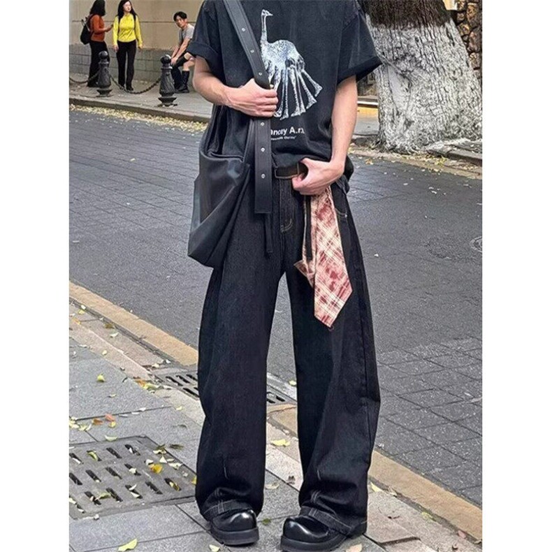 弯刀牛仔裤男2025美式复古宽松休闲廓形百搭水洗阔腿长裤NA447,男装牛仔裤,星座1116A（原606A-3）
