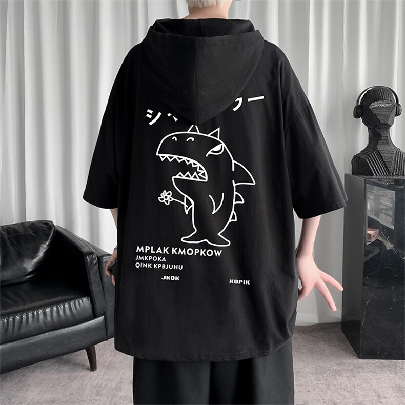 LD54092-P45连帽短袖t恤男大码胖子带帽五分袖中袖,男装T恤,电商A040