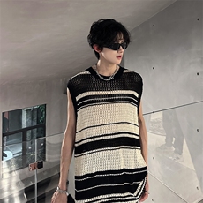 美式条纹撞色宽松无袖针织夏季潮男高街镂空T恤A071-903-P48，男装T恤，电商A071