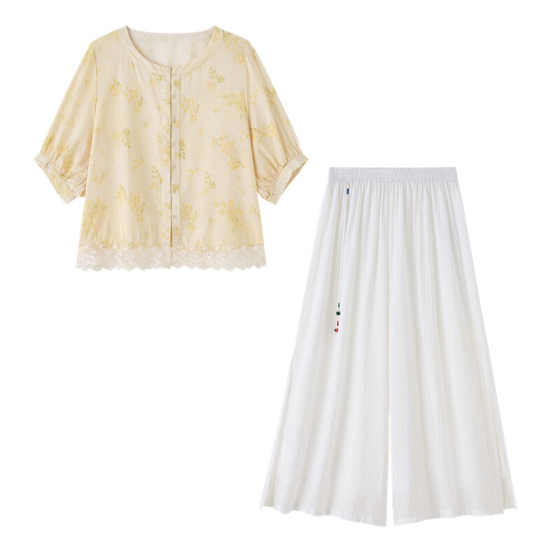 2026年夏季时尚优雅印花小衫阔腿裤套装两件套女,女装套装/套裙,依路服饰