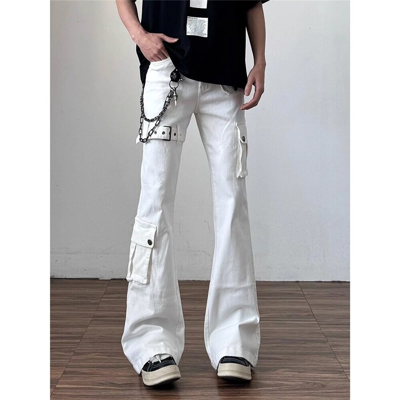 夏季白色绑带微喇牛仔裤男cleanfit美式高街vibe喇叭,男装牛仔裤,星座218-1（原230）
