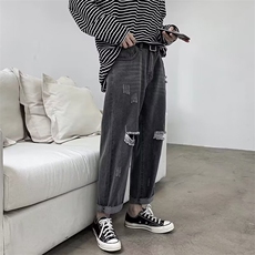 夏季薄款破洞牛仔裤男直筒宽松ins高街乞丐九分裤子N960，男装牛仔裤，星座1116A-1（原606A）