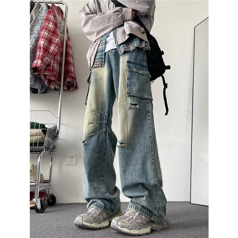 美式复古破洞工装牛仔裤男秋季新款宽松阔腿裤子高街N0027-P55,男装牛仔裤,星座1109-3