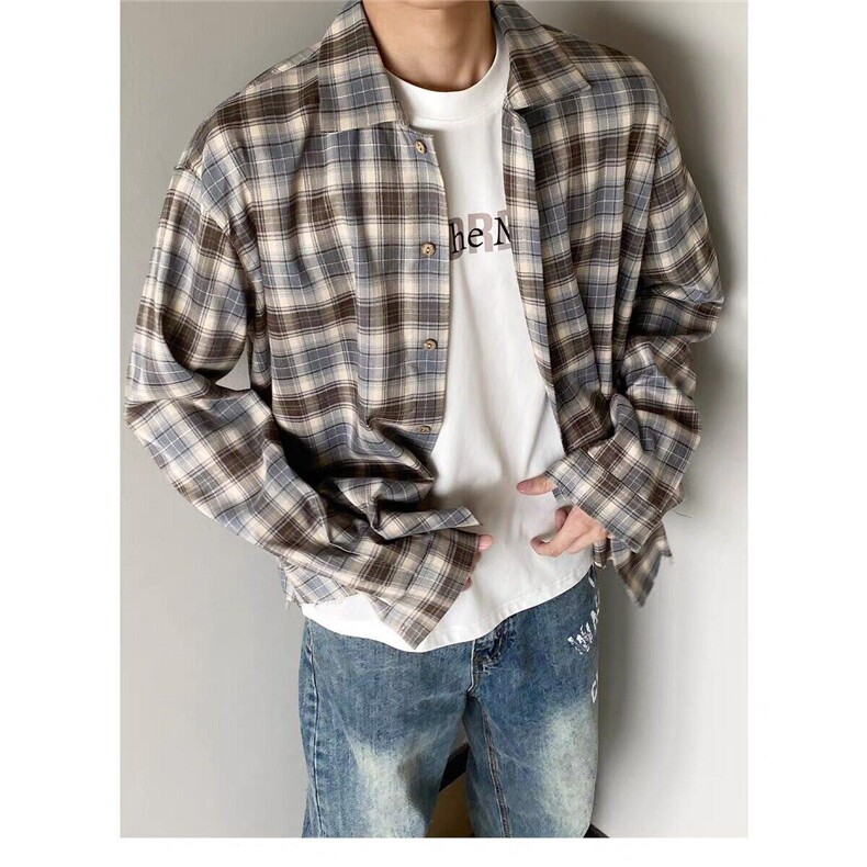 美式复古格子衬衫男女cleanfit宽松休闲长袖衬衣外套LCS3266-P38,男装衬衫,星座1008