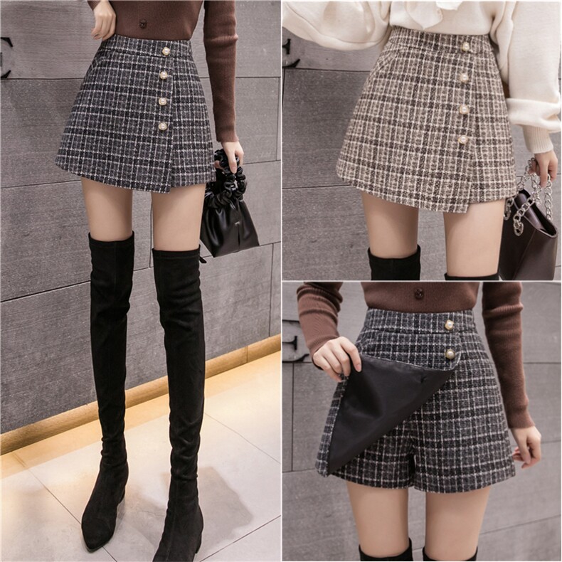 时尚格子毛呢秋冬新款半身裙字女高腰显瘦靴裤A字裤裙短裤，女装半身裙，梦白服饰厂