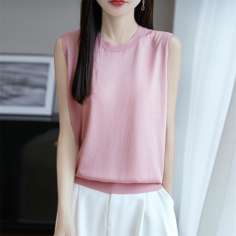 夏季新款简约休闲醋酸圆领无袖女士百搭时尚显瘦上衣,针织衫/毛衣,朝思羊绒