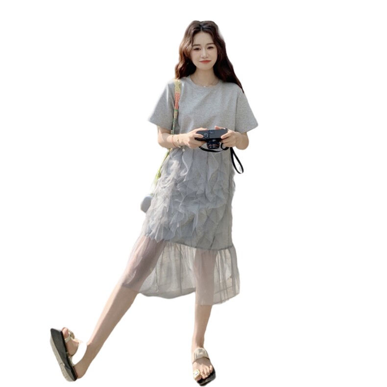 灰色网纱拼接连衣裙女2025夏季新款设计感小众宽松小个子T恤裙潮,女装连衣裙,2C176