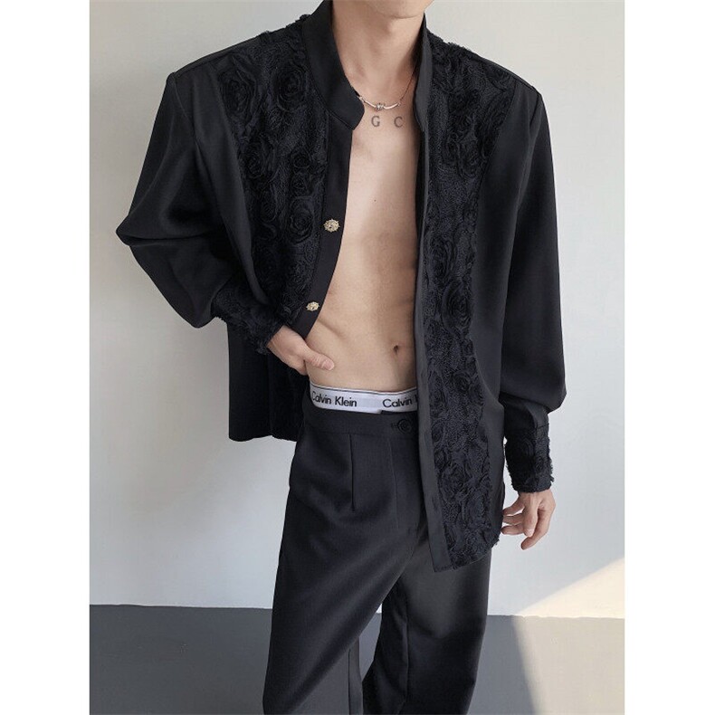 现货！25设计感蕾丝立体玫瑰花男士宝石扣轻奢衬衫CS137-P138,男装衬衫,电商B288