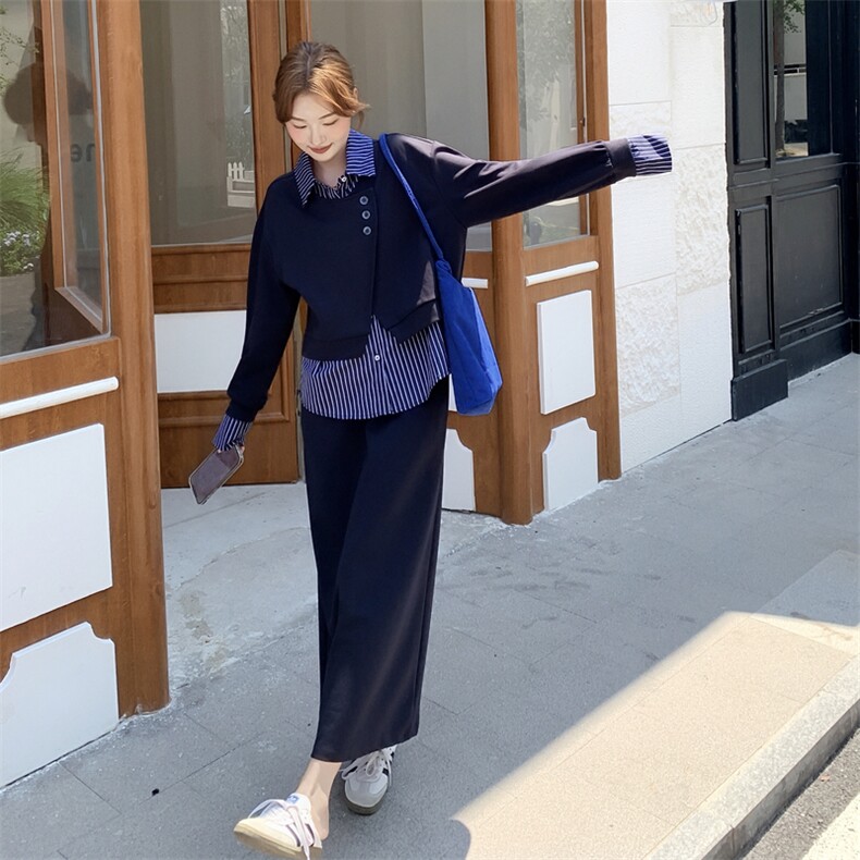 深蓝色假两件卫衣显瘦套装裙女2025年春秋季新款高级感休闲两件套,女装套装/套裙,2C129