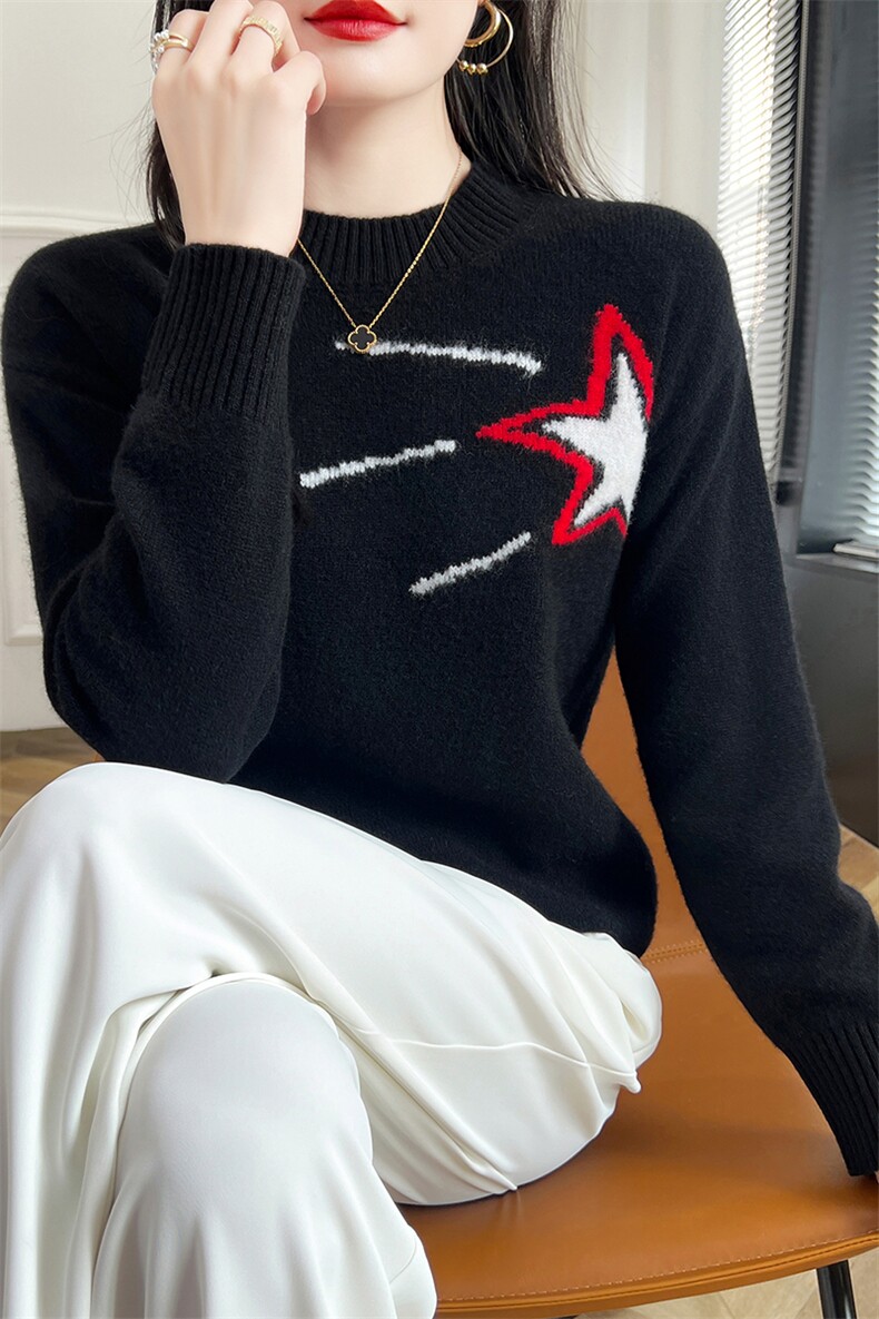 女圆领星星羊毛衫2024秋冬新款宽松长袖针织衫,女装羊毛衫,蒙特羊绒