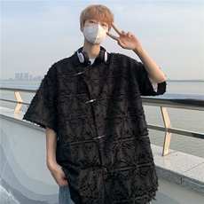 夏季新款宽松美式复古新中式肌理感毛边金属扣短袖衬衫~CS177-p55，男装衬衫，星座601-2