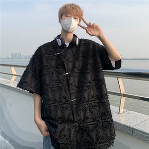 夏季新款宽松美式复古新中式肌理感毛边金属扣短袖衬衫~CS177-p55图片
