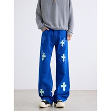 美式十字架牛仔裤重工刺绣贴皮男女同款宽松百搭阔腿长裤N748-P58，男装皮裤，星座308B-2