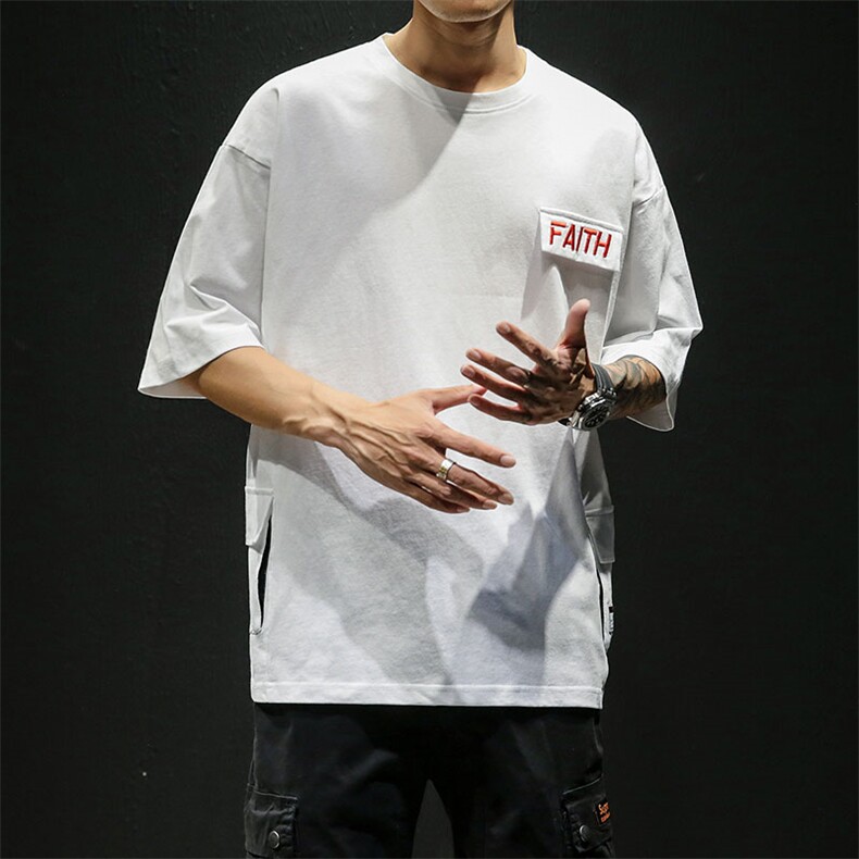 夏新款宽松多口袋工装短袖日系潮牌大码国潮T恤个性五分袖T502，男装T恤，电商A021A