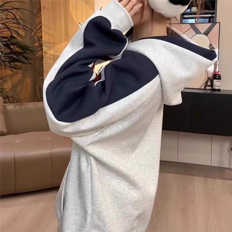 美式复古慵懒风撞色卫衣拼接条纹情侣外套513AWY2788常规35加绒45,女装短外套,星座513A