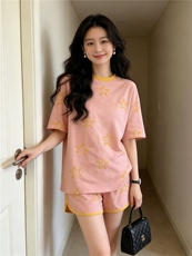 潮流时尚休闲运动套装女夏季新款印花圆领短袖上衣阔腿短裤两件套，女装套装/套裙，江南