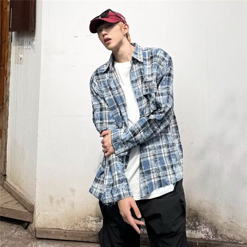 春秋美式格子口袋长袖衬衫男女宽松休闲潮流男士开衫外套CS08/P40,男装衬衫,星座506
