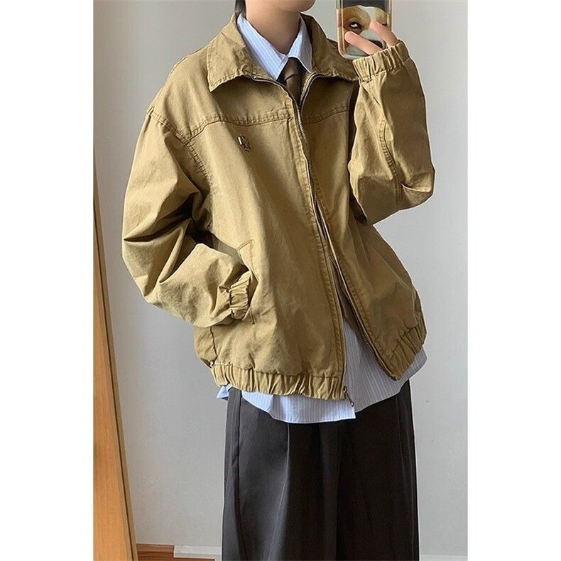 新款做旧水洗工装夹克男女春秋美式休闲翻领外套情侣FJK810图片