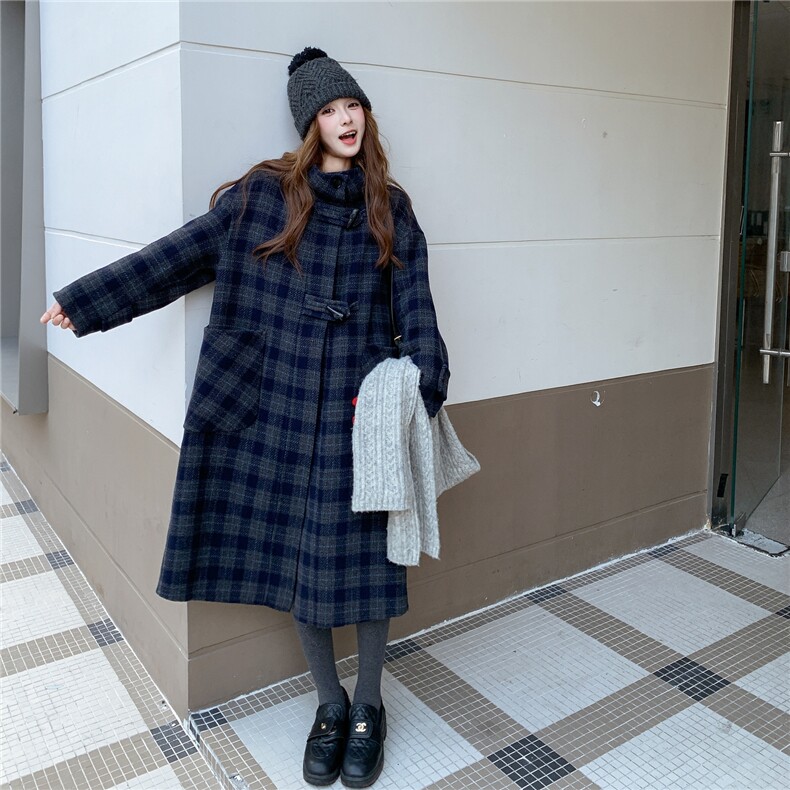 连帽格子双面羊毛大衣2D014-10003-P315-K458,女装毛呢外套,2D014