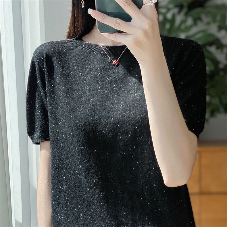 夏季薄款精纺羊毛圆领短袖T恤女点子纱宽松半袖针织外穿内搭上衣,女装T恤,片语羊绒