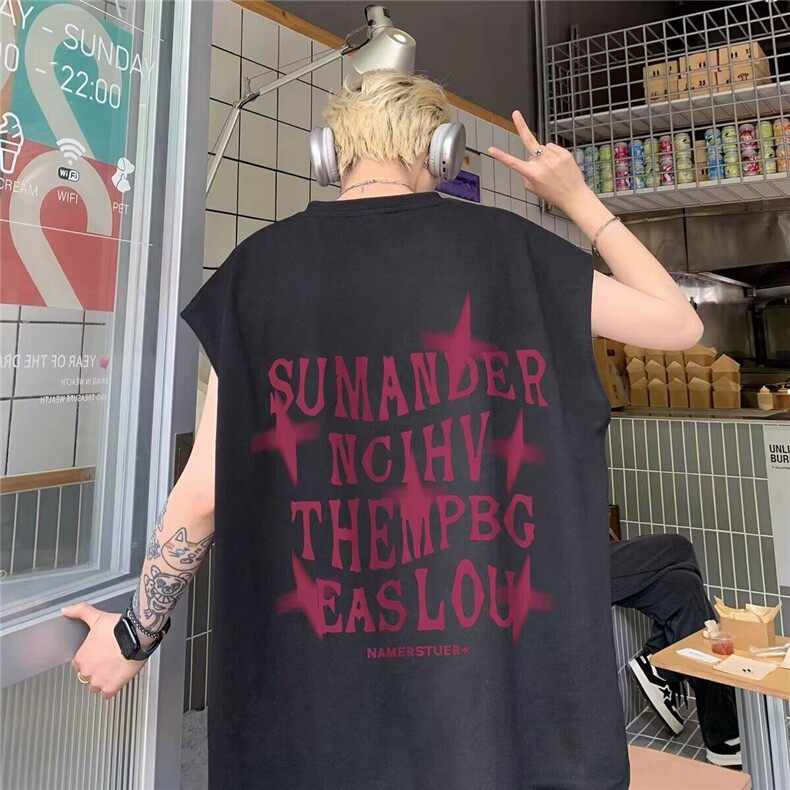 夏季韩版新款印花背心T恤男潮流百搭半袖宽松时尚百搭上衣服,男装背心/马甲,星座218-1（原230）