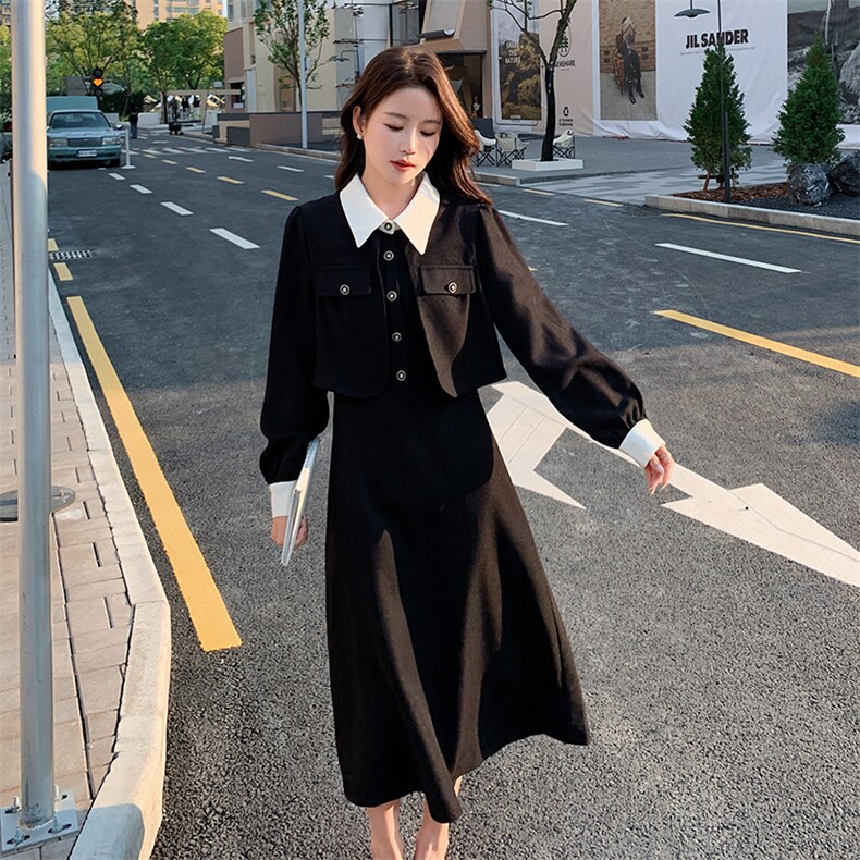 赫本风黑色衬衫连衣裙女春装2025年秋冬新款高级感长裙假,女装连衣裙,2C088