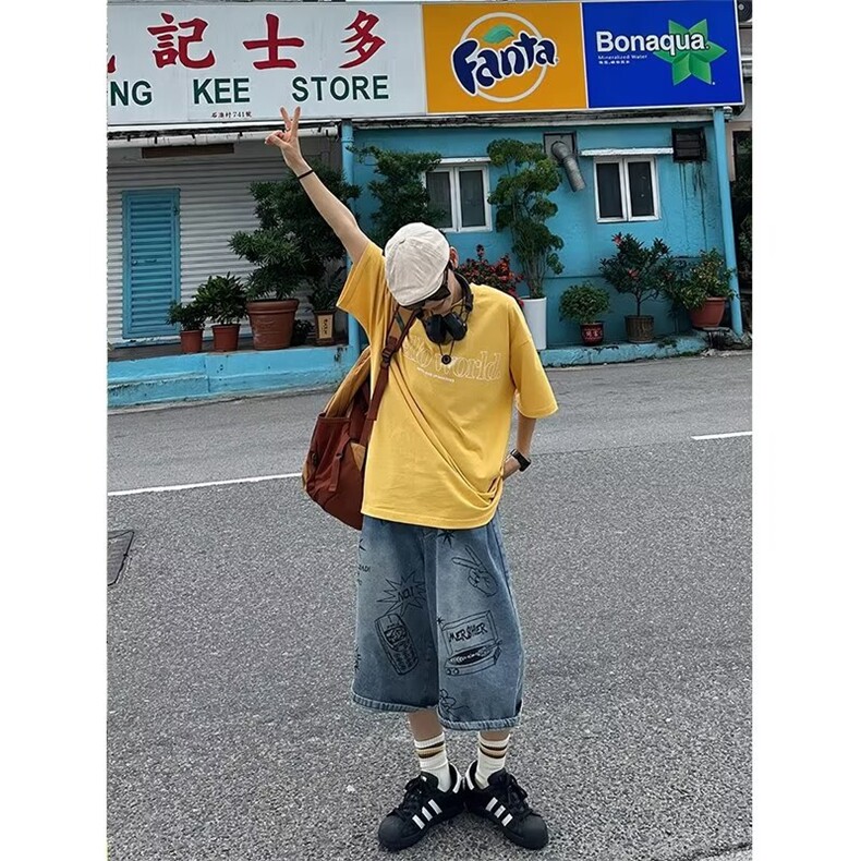 现货重磅破坏水洗做旧牛仔短裤男女宽松美式复古割破阔腿直筒七分,男装牛仔裤,星座218-1（原230）