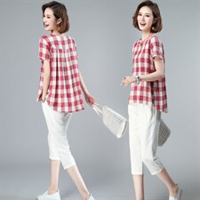 2021时尚棉麻两件套装女上衣T恤抽绳显瘦宽松大码九分裤女，女装套装/套裙，涵誉