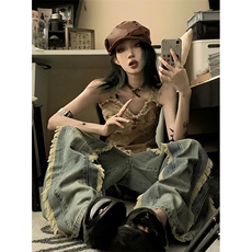 美式复古做旧水洗牛仔裤子女慵懒风春秋流苏毛边拖地裤N7796，男装牛仔裤，星座1116A（原606A-3）