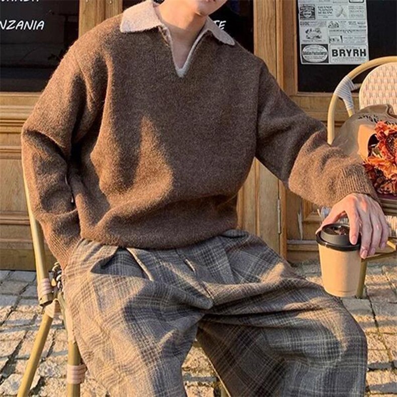 重磅北极绒假两件衬衫领毛衣美式高街复古休闲慵懒纯色翻领针织衫,男装针织衫/毛衣,电商A486-1