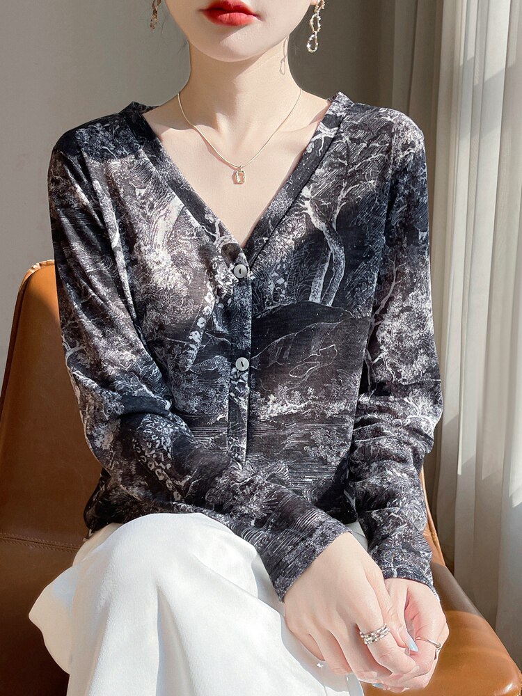 v领新款针织女长袖花色简约百搭宽松开衫上衣,针织衫/毛衣,绒宛羊绒
