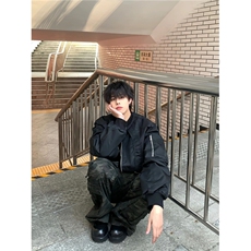黑色解构短款外套男设计感痞帅美式复古飞行员夹克cleanfit棒球服，男装夹克，星座506A