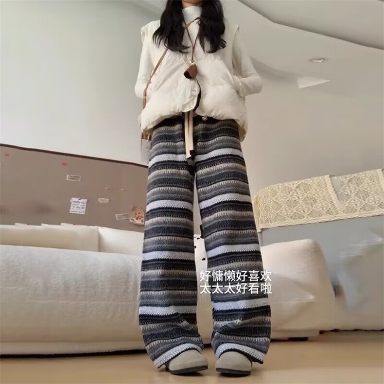 秋冬季2024新款复古条纹裤子女休闲保暖棉裤高腰糯米裤直筒阔腿裤,男装休闲裤,星座506A